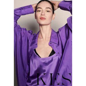 KES NYC Oversized Habotai Button Down Shirt Violet Purple Silk MSRP $320 Sz Med